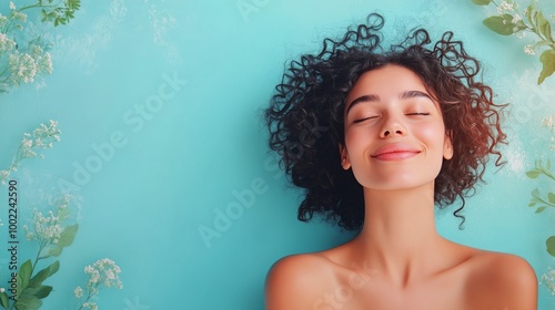 A woman with curly hair relaxing on a vibrant blue background with floral acc...
