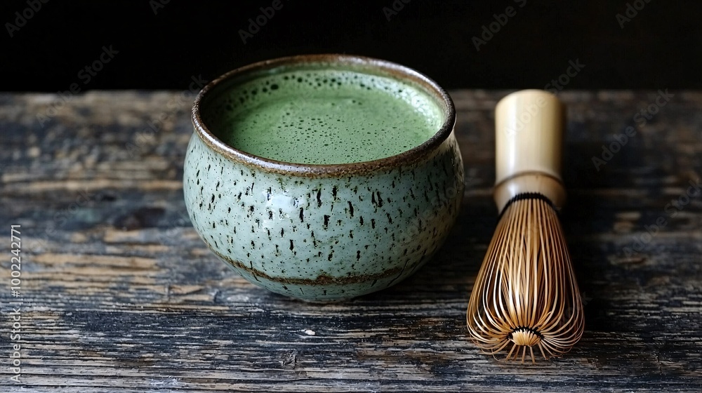 Refreshing Matcha Latte Served in Ceramic Cup with Bamboo Whisk on Wooden Surface Refreshing Matcha Latte Served in Ceramic Cup with Bamboo Whisk on Wooden Surface