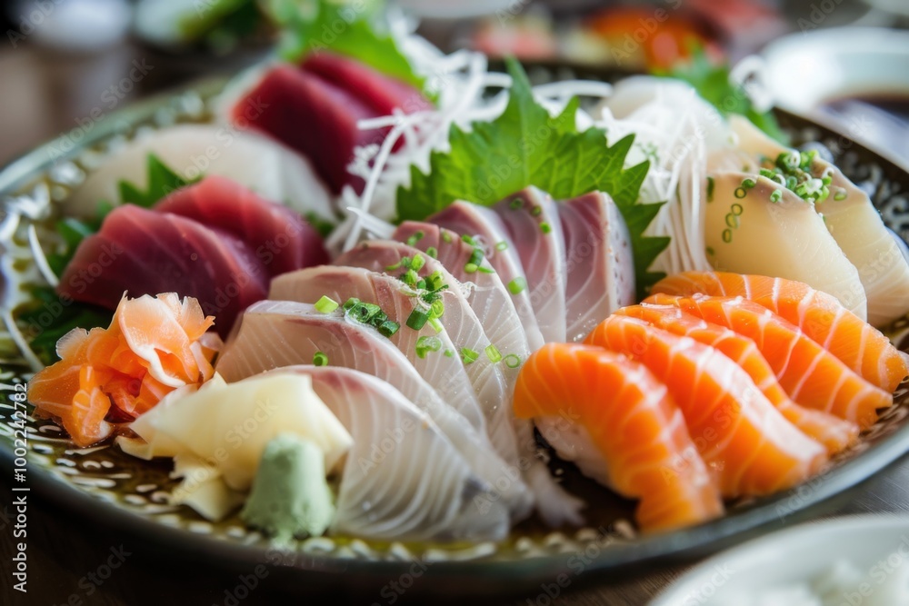 A platter of fresh sashimi with a variety of fish, garnished with wasabi and pickled ginger A platter of fresh sashimi with a variety of fish, garnished with wasabi and pickled ginger