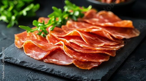 Slices of cured meat arranged on a black slate board in a kitchen setting photo