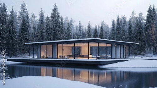 Modern Glass House on a Snowy Lake in a Pine Forest