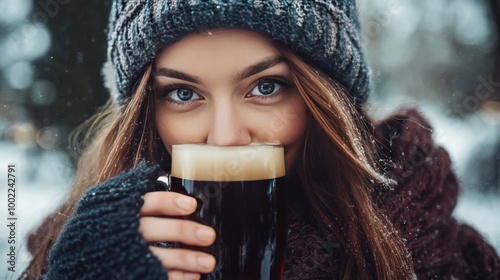 Outside, a woman sipping dark beer. close-up picture photo