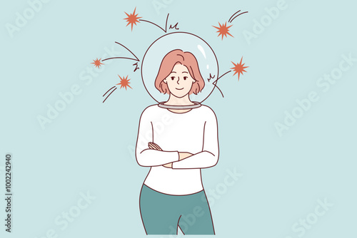 Woman demonstrates resistance to stress thanks to dome that protects from negativity and attacks from enemies. Girl uses psychological hacks to develop stress resistance and antifragility