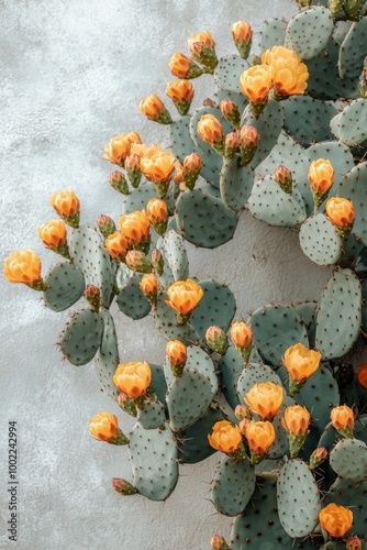 Bright yellow cactus flowers bloom against a textured gray background