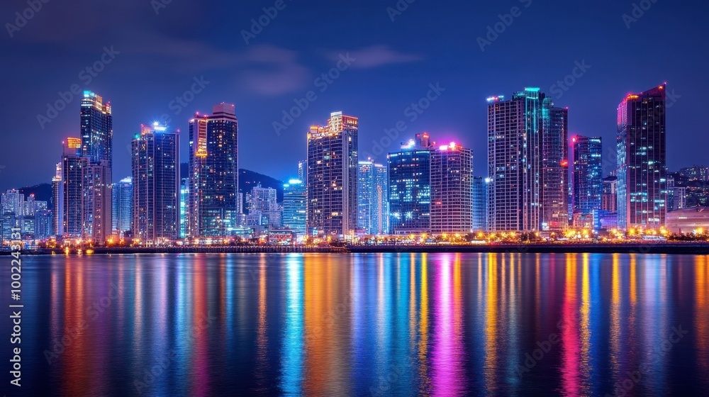 A vibrant night scene of the Busan skyline, showcasing the city lights reflecting on the water. A vibrant night scene of the Busan skyline, showcasing the city lights reflecting on the water.