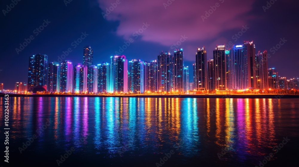 Fototapeta premium A vibrant night scene of the Busan skyline, showcasing the city lights reflecting on the water.