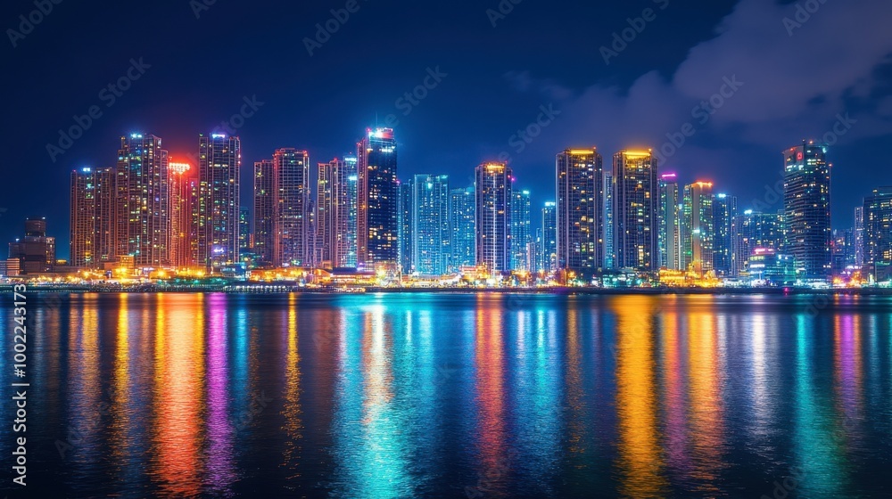 A vibrant night scene of the Busan skyline, showcasing the city lights reflecting on the water. A vibrant night scene of the Busan skyline, showcasing the city lights reflecting on the water.