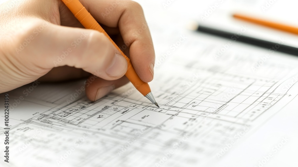 Close-up of a construction engineer hand working on technical drawings with mathematical calculations and measurements Close-up of a construction engineer hand working on technical drawings with mathematical calculations and measurements