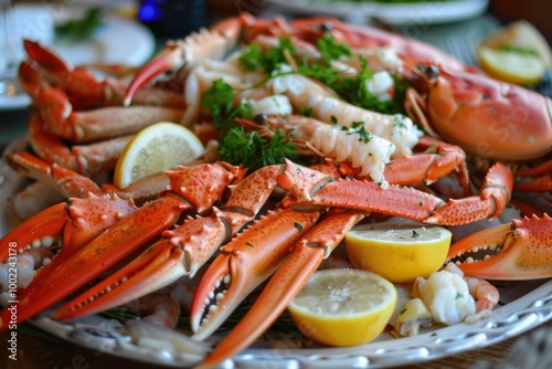 A platter of fresh seafood including shrimp, crab legs, and lobster