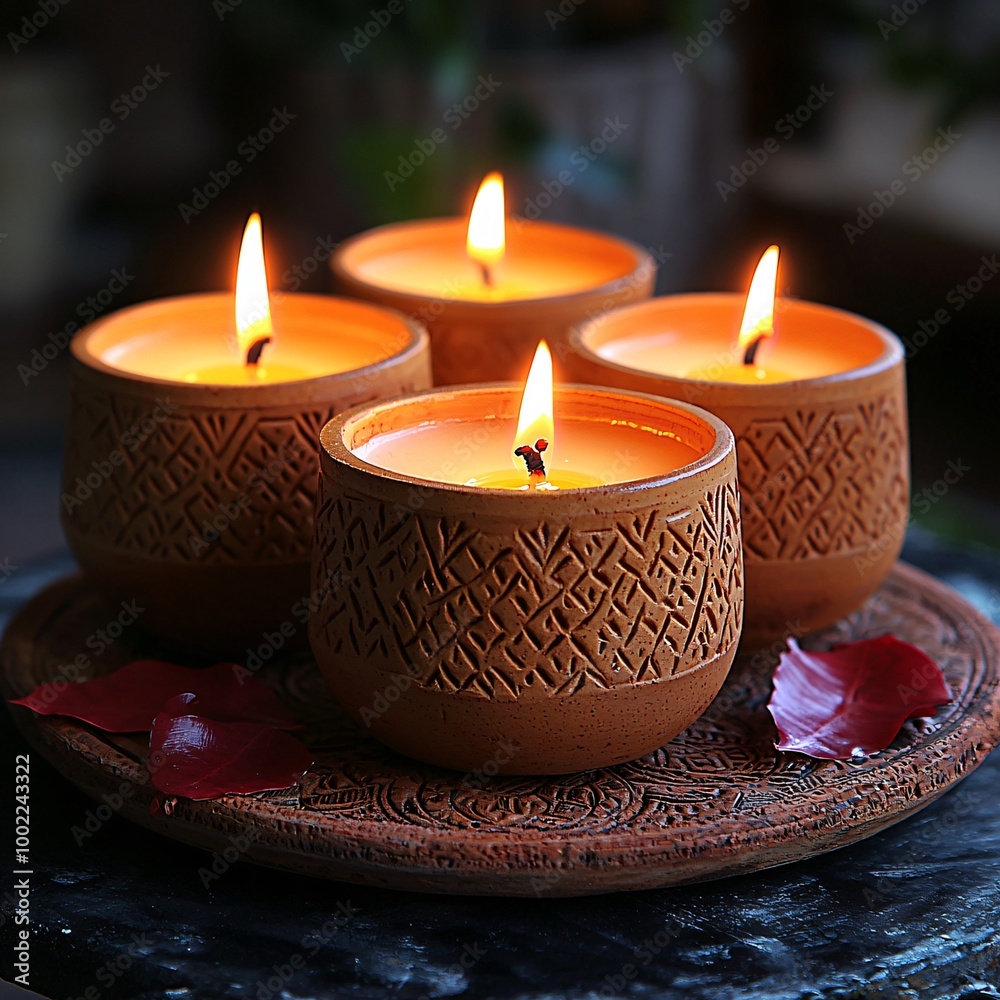 Warm and inviting terracotta candles set for Diwali, perfect for decorations, greetings, invitations, or social media posts celebrating the Festival of Lights. Warm and inviting terracotta candles set for Diwali, perfect for decorations, greetings, invitations, or social media posts celebrating the Festival of Lights.