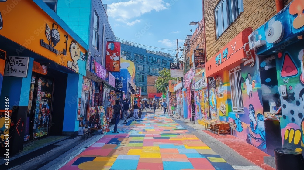 Naklejka premium A vibrant street filled with colorful murals and art installations in the artistic district of Hongdae.