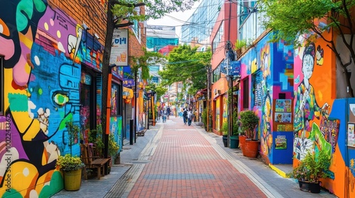A vibrant street filled with colorful murals and art installations in the artistic district of Hongdae.