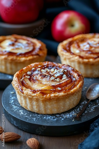 Delicious apple tart topped with almonds and fresh herbs on a wooden platter