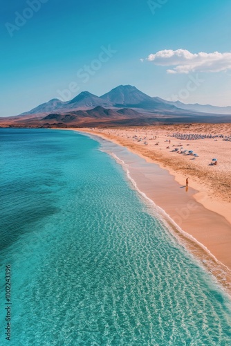 Sunny beach with golden sand and clear turquoise water under a blue sky