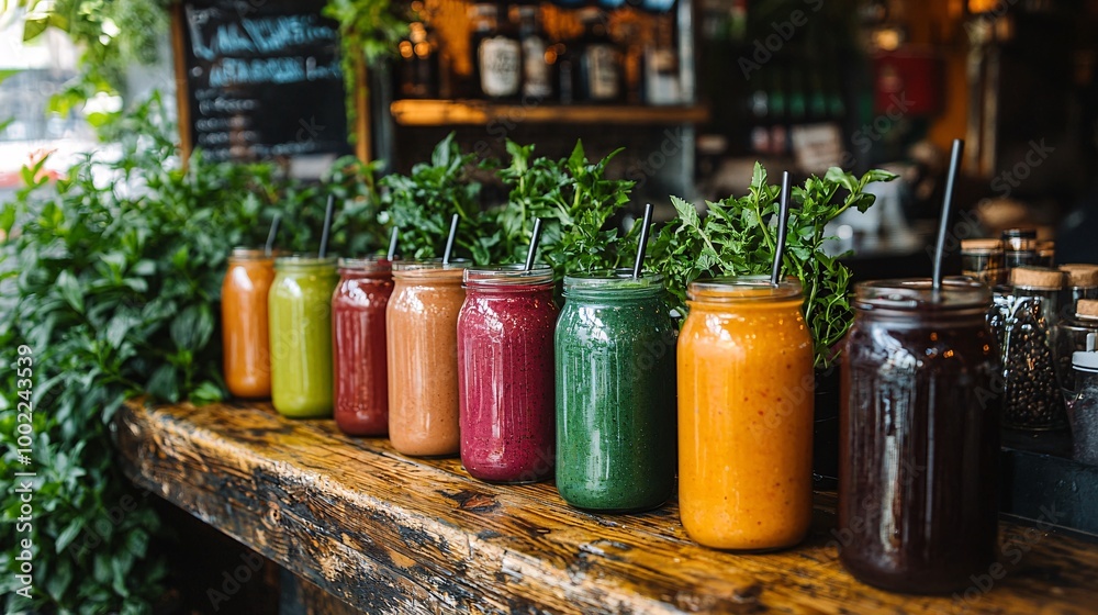 Vibrant Smoothies Displayed on Rustic Wooden Table with Glass Jars and Straws Vibrant Smoothies Displayed on Rustic Wooden Table with Glass Jars and Straws