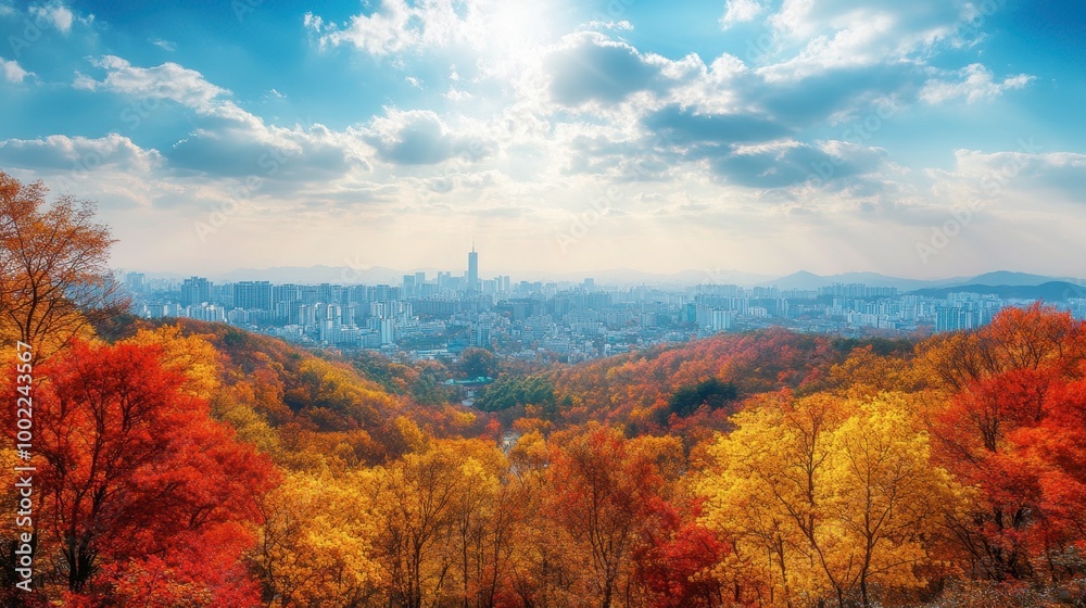 A vibrant view of the colorful fall foliage at Namsan Park, attracting nature lovers and photographers alike. A vibrant view of the colorful fall foliage at Namsan Park, attracting nature lovers and photographers alike.
