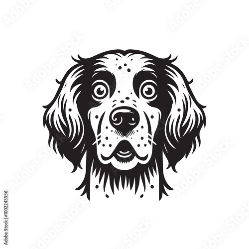 English Setter Dog Face Clipart Design - Dog Face Logo - English Setter Vector illustration in black and white