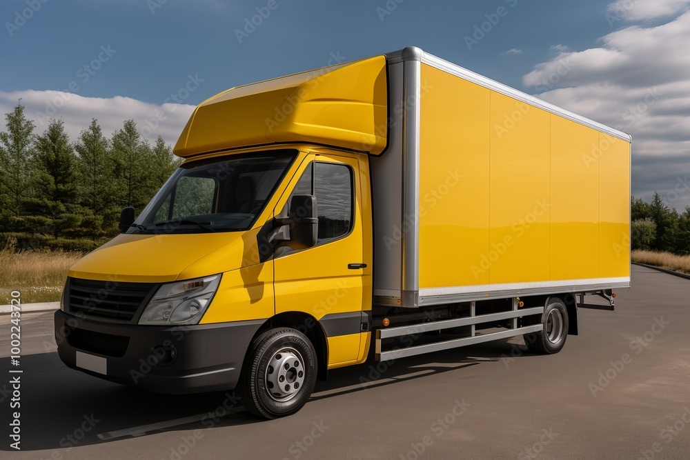 Yellow moving truck parked on a quiet road surrounded by green trees on a clear day Yellow moving truck parked on a quiet road surrounded by green trees on a clear day