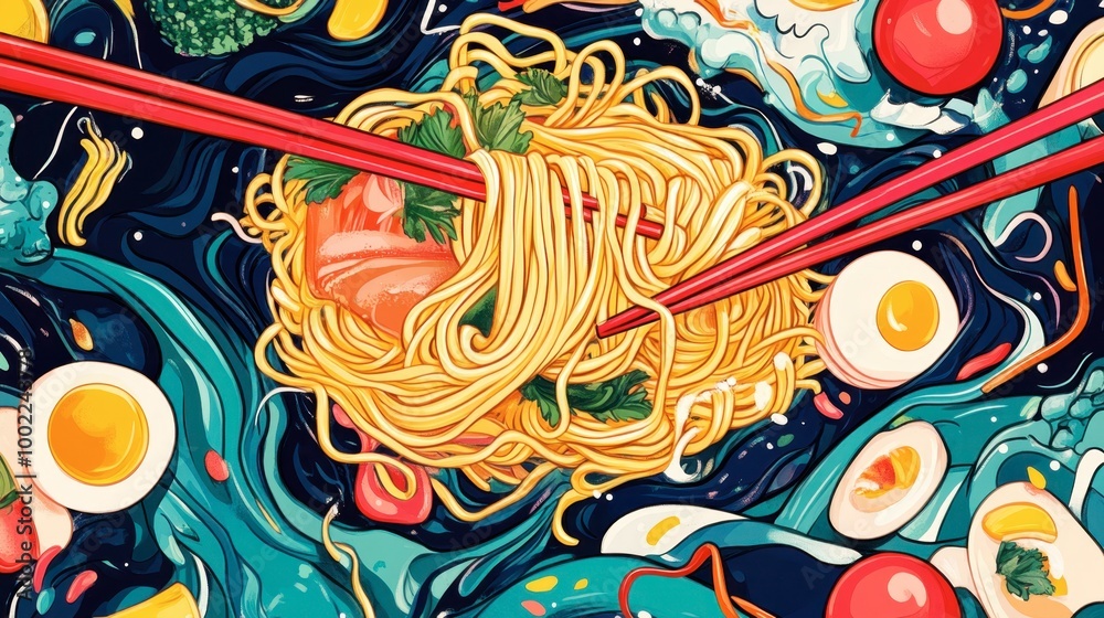 A whimsical cartoon of noodles swirling around chopsticks, with bright and colorful vegetables joining in the fun. A whimsical cartoon of noodles swirling around chopsticks, with bright and colorful vegetables joining in the fun.