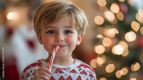 A young child enjoys a candy cane while sitting in a cozy, festive room decor...