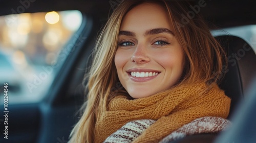 Young woman smiling while driving on a sunny day with a blurred background