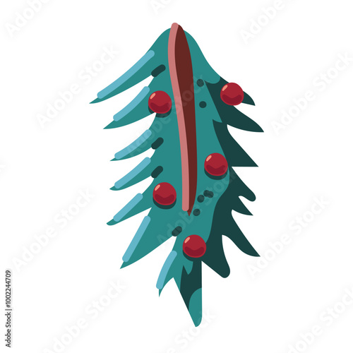 Christmas tree branch with red berries vector cartoon illustration.