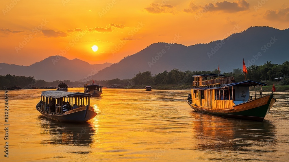 Sunset over the Mekong River at Khong Jiam, with boats floating peacefully in the golden light. Sunset over the Mekong River at Khong Jiam, with boats floating peacefully in the golden light.