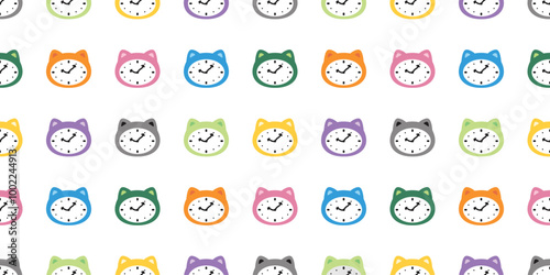 cat seamless pattern alarm clock kitten calico face head vector munchkin neko pet cartoon doodle gift wrapping paper tile background repeat wallpaper illustration design isolated