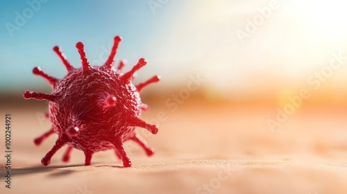 Close-up view of a virus on a blurred background, showcasing detailed structure.