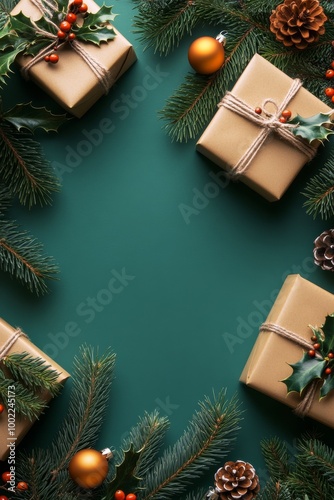 Festive holiday arrangement with wrapped gifts, pinecones, and ornaments on a...
