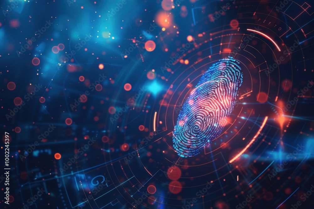Obraz premium Biometric Fingerprint Technology in a Futuristic Digital Interface for Cybersecurity and Identity Protection