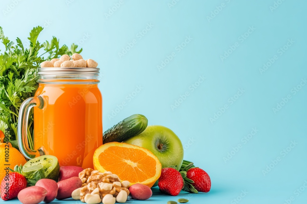Colorful juice ingredients with fruits and vegetables on a light blue background. Colorful juice ingredients with fruits and vegetables on a light blue background.
