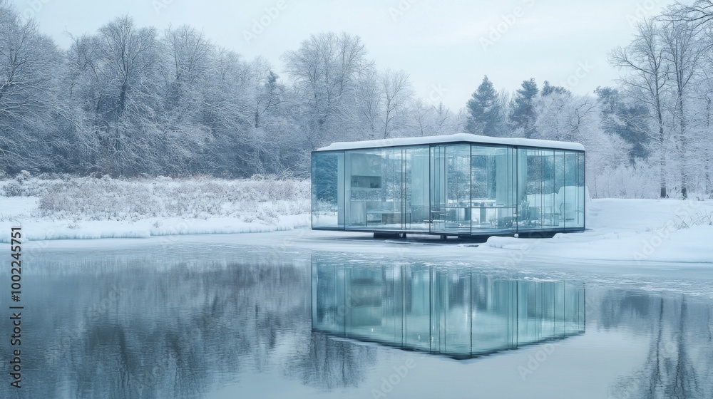 Modern Glass House Reflecting in Frozen Lake During Winter