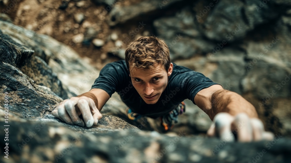 Close-up shot of a climber in a black shirt gripping a small ledge while ascending a rocky cliff Close-up shot of a climber in a black shirt gripping a small ledge while ascending a rocky cliff