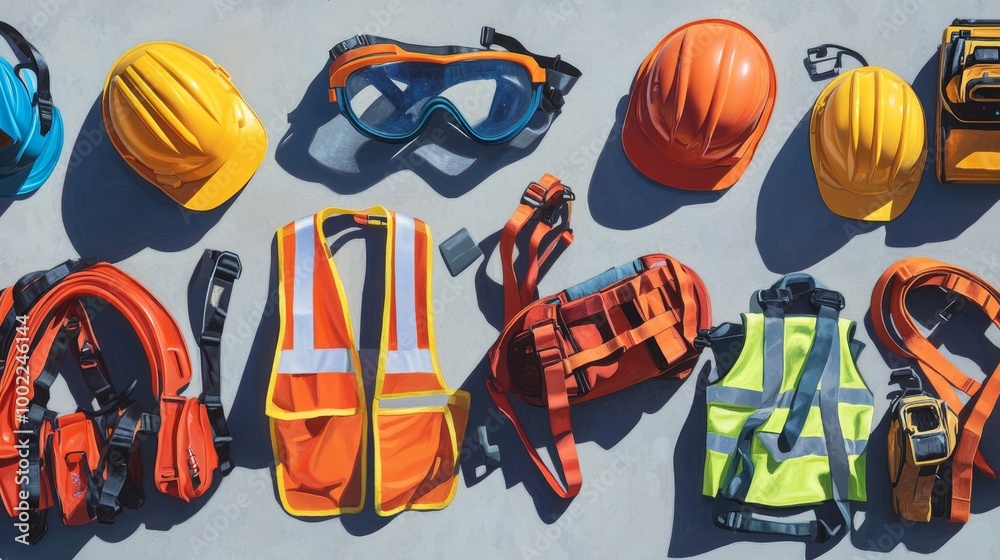 Collection of construction safety gear on site: hard hats, safety belts, goggles, and reflective vests Collection of construction safety gear on site: hard hats, safety belts, goggles, and reflective vests