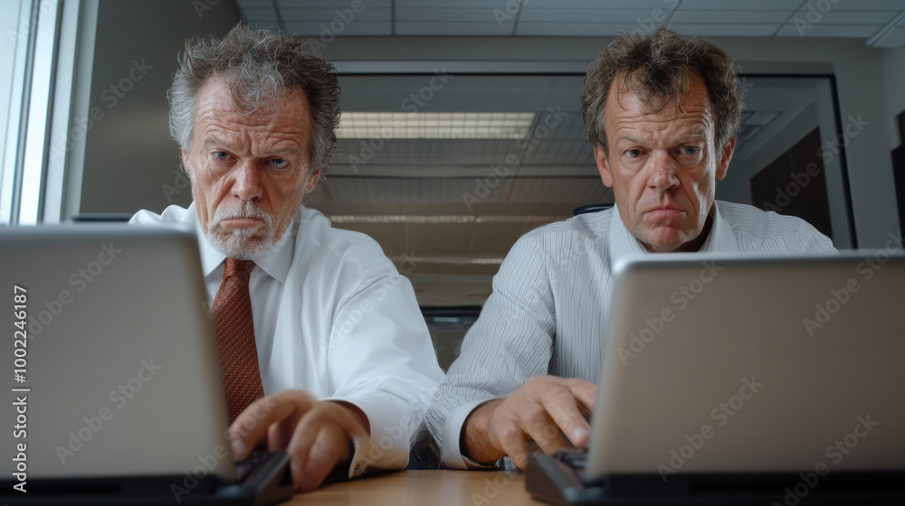 Two men sitting at a table with laptops in front of them, AI Two men sitting at a table with laptops in front of them, AI
