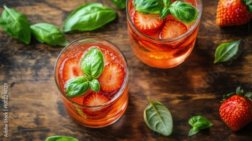 Refreshing strawberry basil drinks on a wooden table with fresh ingredients
