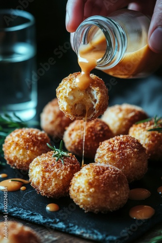 Hand drizzling sauce over crispy fried food on a slate plate