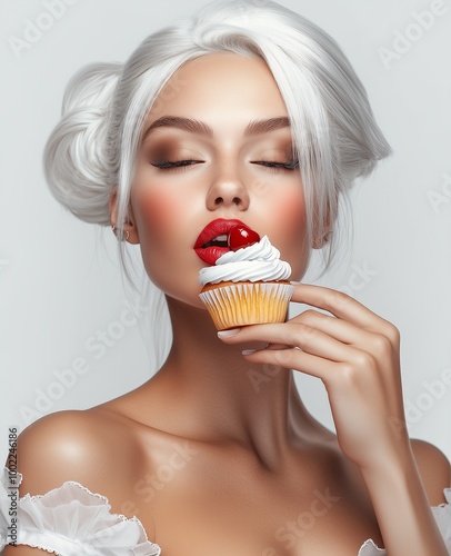 A beautiful blonde woman with closed eyes and cherry on her lips, enjoying eating a cupcake; fashion photography, against a white background. 