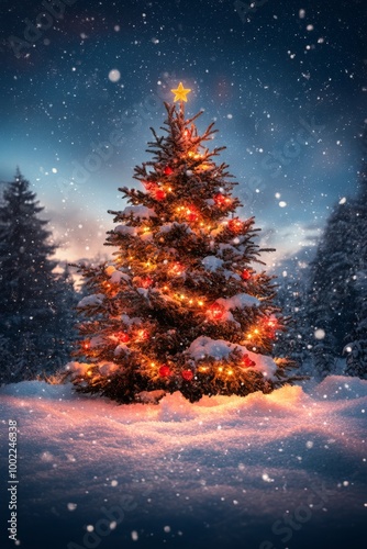Brightly lit Christmas tree surrounded by snow at sunset in a winter forest