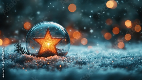A snow globe featuring a golden star surrounded by snow and pine in a festive...
