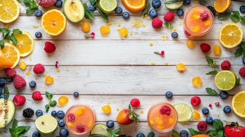 Colorful fruit and refreshing drinks arranged artistically on a wooden table ...