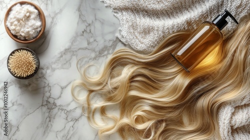Long wavy blonde hair cascading on a neutral background