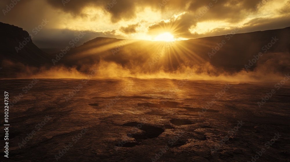 A Golden Sunrise over a Rocky Landscape with Dust and Mountains A Golden Sunrise over a Rocky Landscape with Dust and Mountains