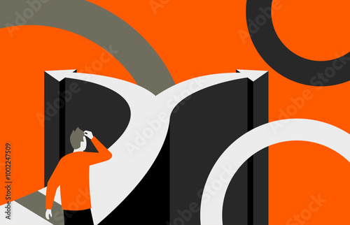 Person thinking about two ways in black and orange colors
