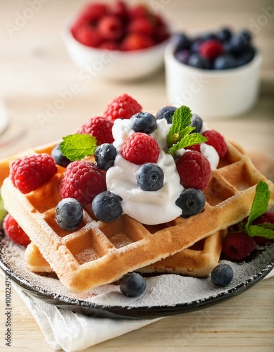 Waffles with berries & cream