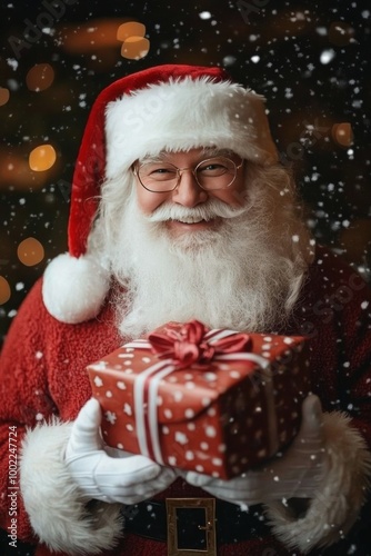 Santa Claus joyfully holding a beautifully wrapped gift in a festive holiday ...