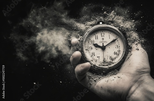 Concept of time passing away as we approach the end of times, the rusty copper clock breaks down into dust fire and pieces. Time is running out, hurry, buy now, closing, soon. Apocalypse