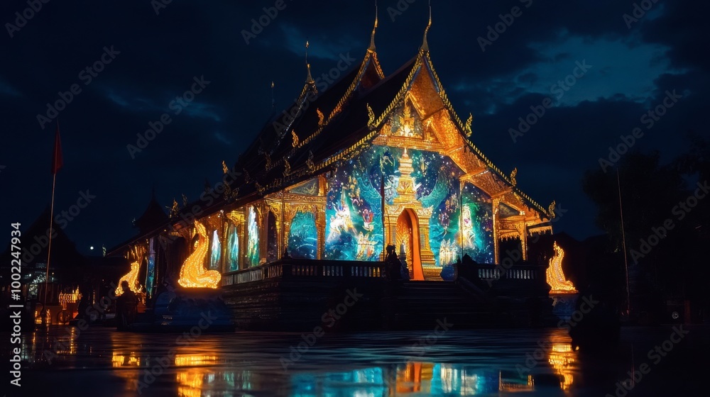 Obraz premium The famous night lights at Phu Prao Temple, with the glowing mural casting a magical atmosphere.