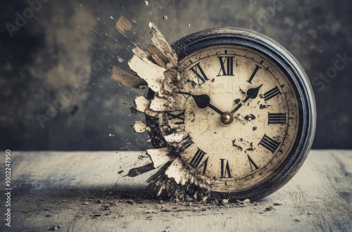 Concept of time passing away as we approach the end of times, the rusty copper clock breaks down into dust fire and pieces. Time is running out, hurry, buy now, closing, soon. Apocalypse
